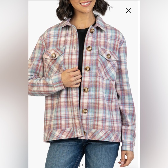 NEW w/TAGS Kut from the Kloth Magnolia Dusty Rose Blue Plaid Shirt Jacket XSmall - Picture 1 of 10
